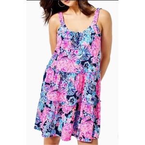 LILLY PULITZER High Tide Navy Pink Turtle Tiered Swing Dress Large